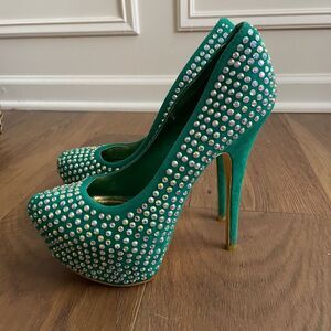 Alba Green Iridescent Rhinestone Bling Stiletto Platform Pleaser Heels 7.5